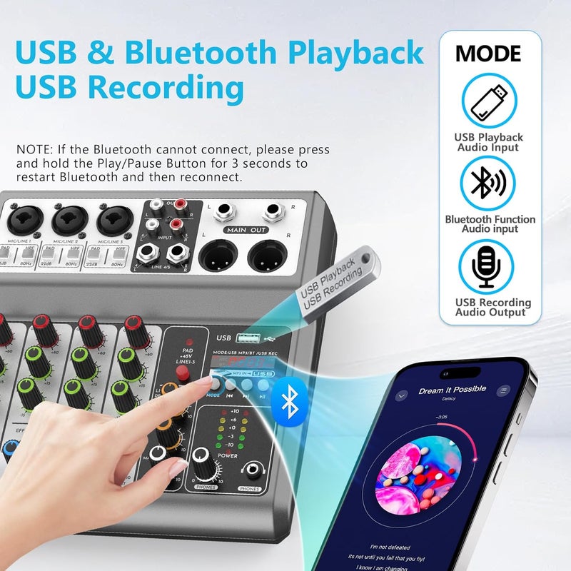 Aveek Professional Audio Mixer, Sound Board Mixing Console with 5 Channel Digital USB Bluetooth Echo Delay Effect, Input 48V Phantom Power Stereo DJ Mixers for Recording, Live Streaming, Podcasting - Image 4